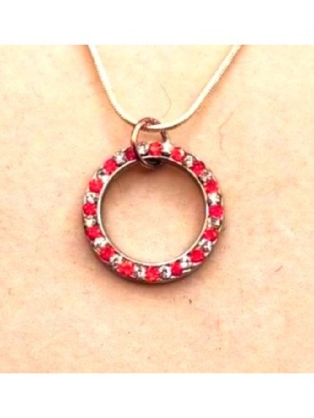 Circle Pendant Necklace With Orange Red  & Clear Rhinestones On Silver Chain